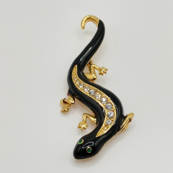 Avon Black Enamel Gold tone Lizard Salamander Brooch Clear Green Rhinestones Pin - Picture 2 of 9